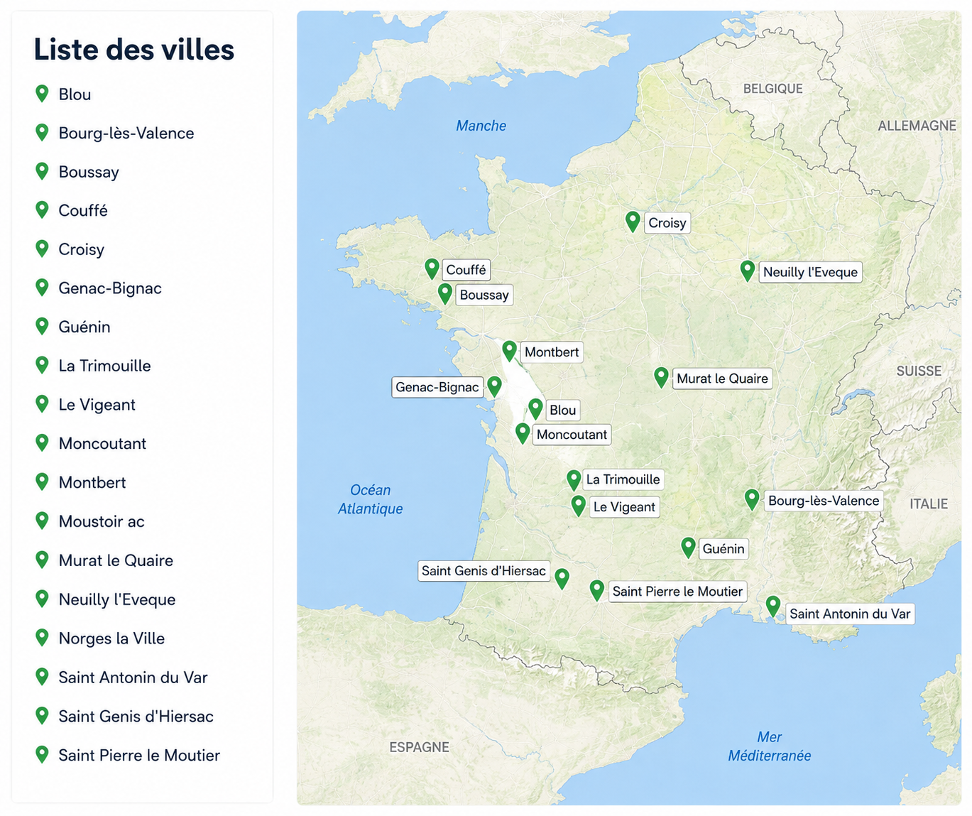 Carte des communes françaises où Inicio a sécurisé des terrains