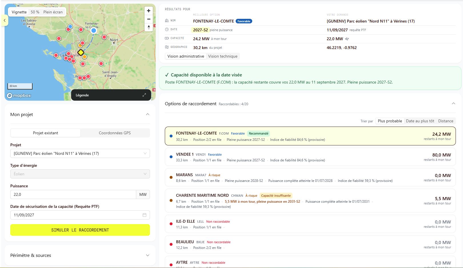 Interface de simulation de raccordement : carte des postes, capacités disponibles et options de raccordement