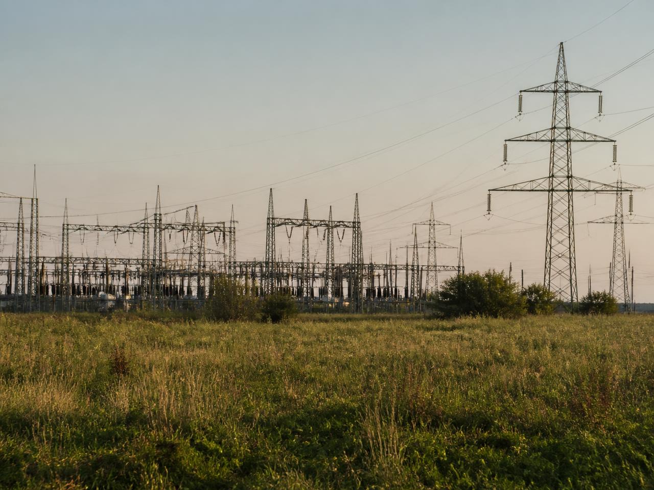 Poste électrique haute tension et pylônes en bordure de champ