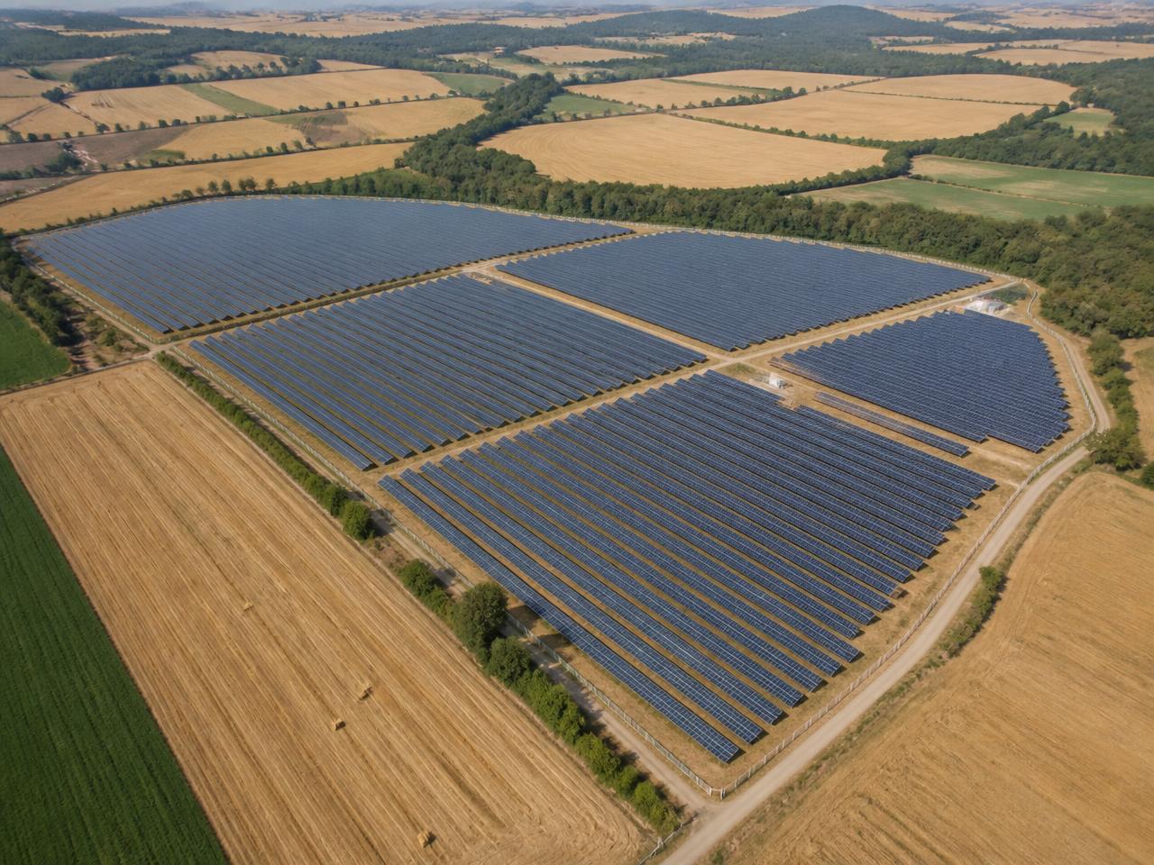 Centrale solaire au sol vue du ciel, dans un paysage agricole